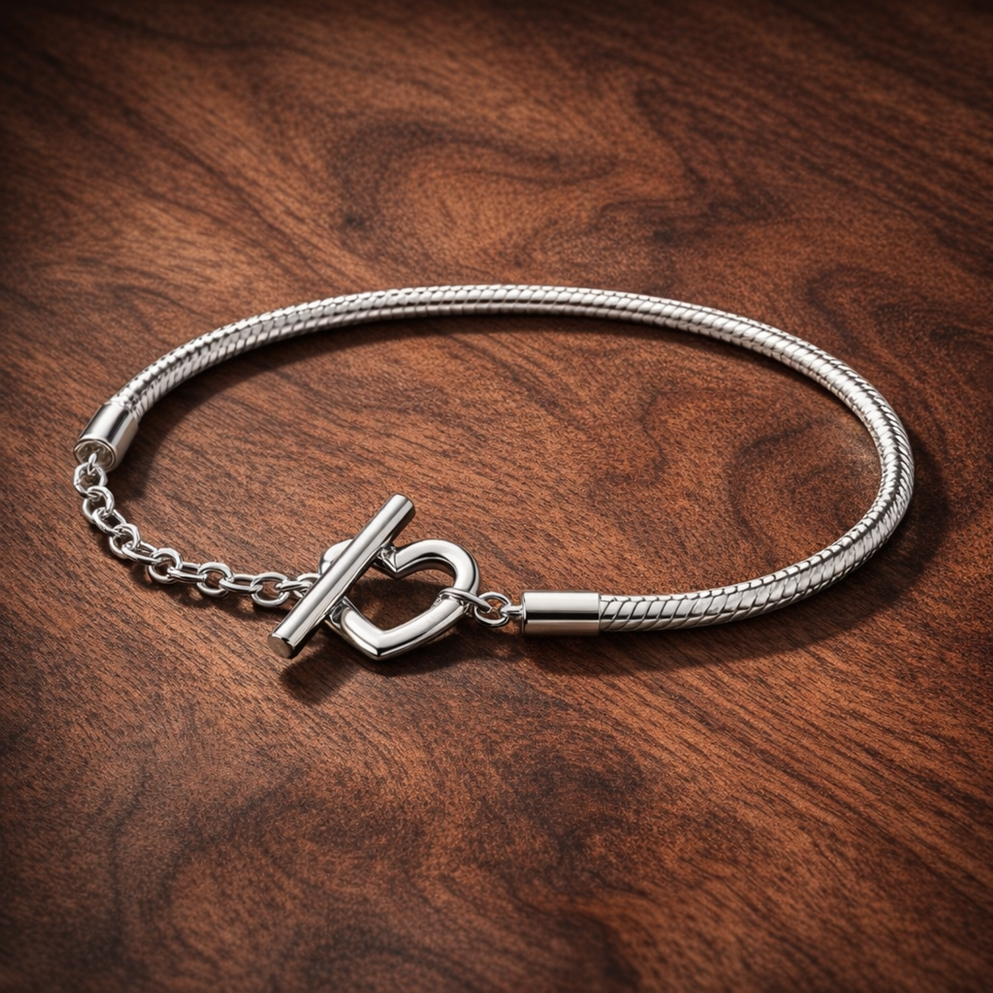 Pandora Moments Heart T-Bar Snake Chain Bracelet — display on walnut