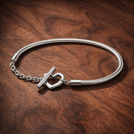 Pandora Moments Heart T-Bar Snake Chain Bracelet — display on walnut