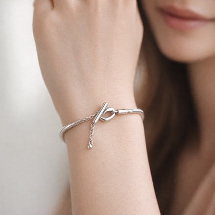 Pandora Moments Heart T-Bar Snake Chain Bracelet — worn on wrist