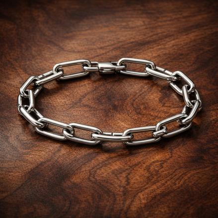 Pandora ME Medium-Link Chain Bracelet — display on walnut