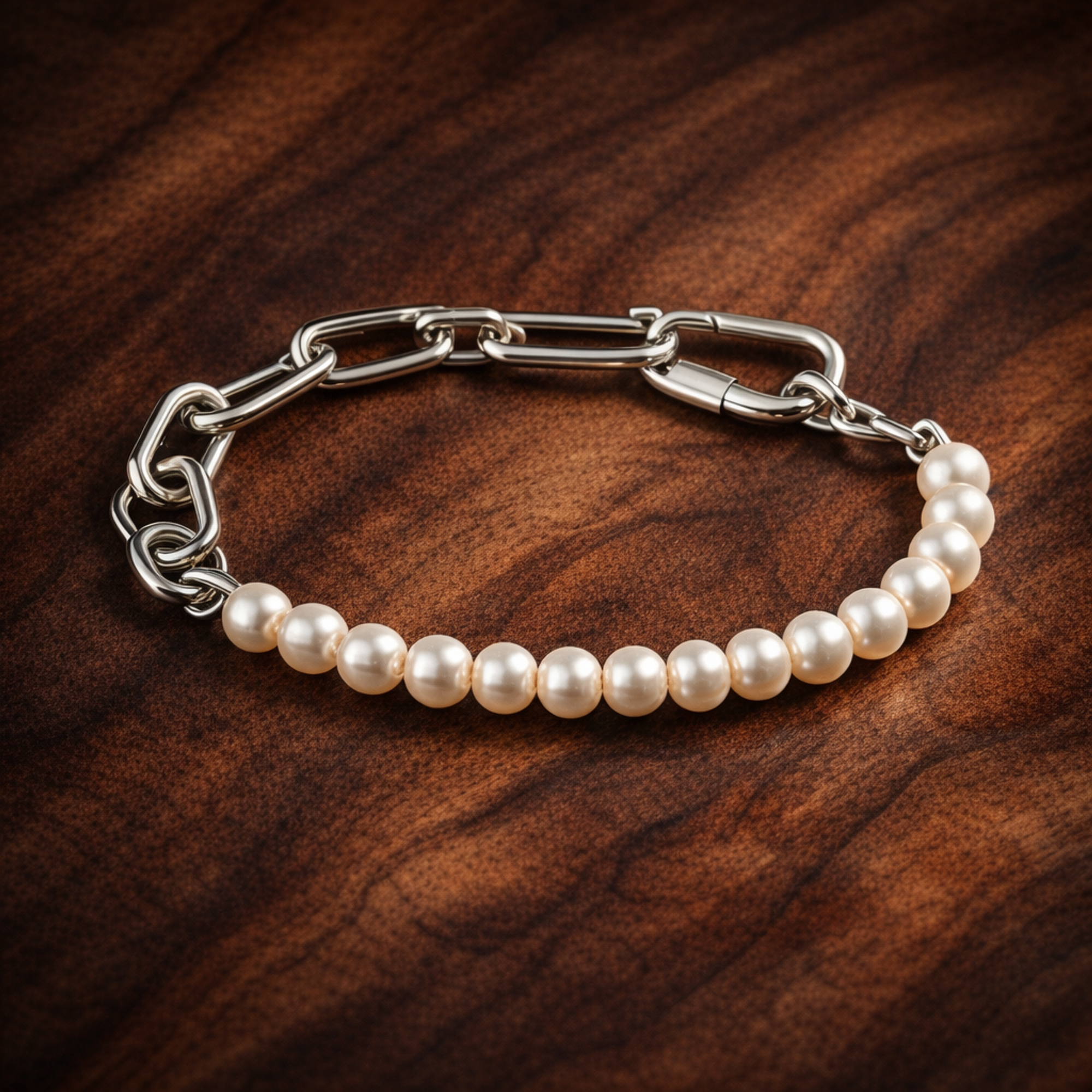 Pandora ME Treated Freshwater Cultured Pearl Bracelet — display on walnut
