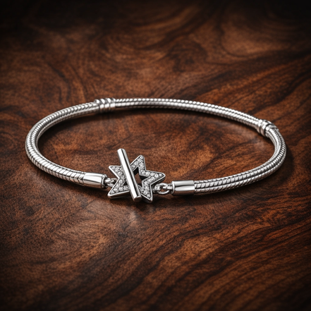 Pandora Moments Asymmetric Star T-bar Snake Chain Bracelet — display on walnut