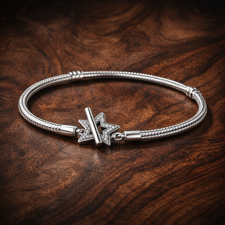 Pandora Moments Asymmetric Star T-bar Snake Chain Bracelet — display on walnut