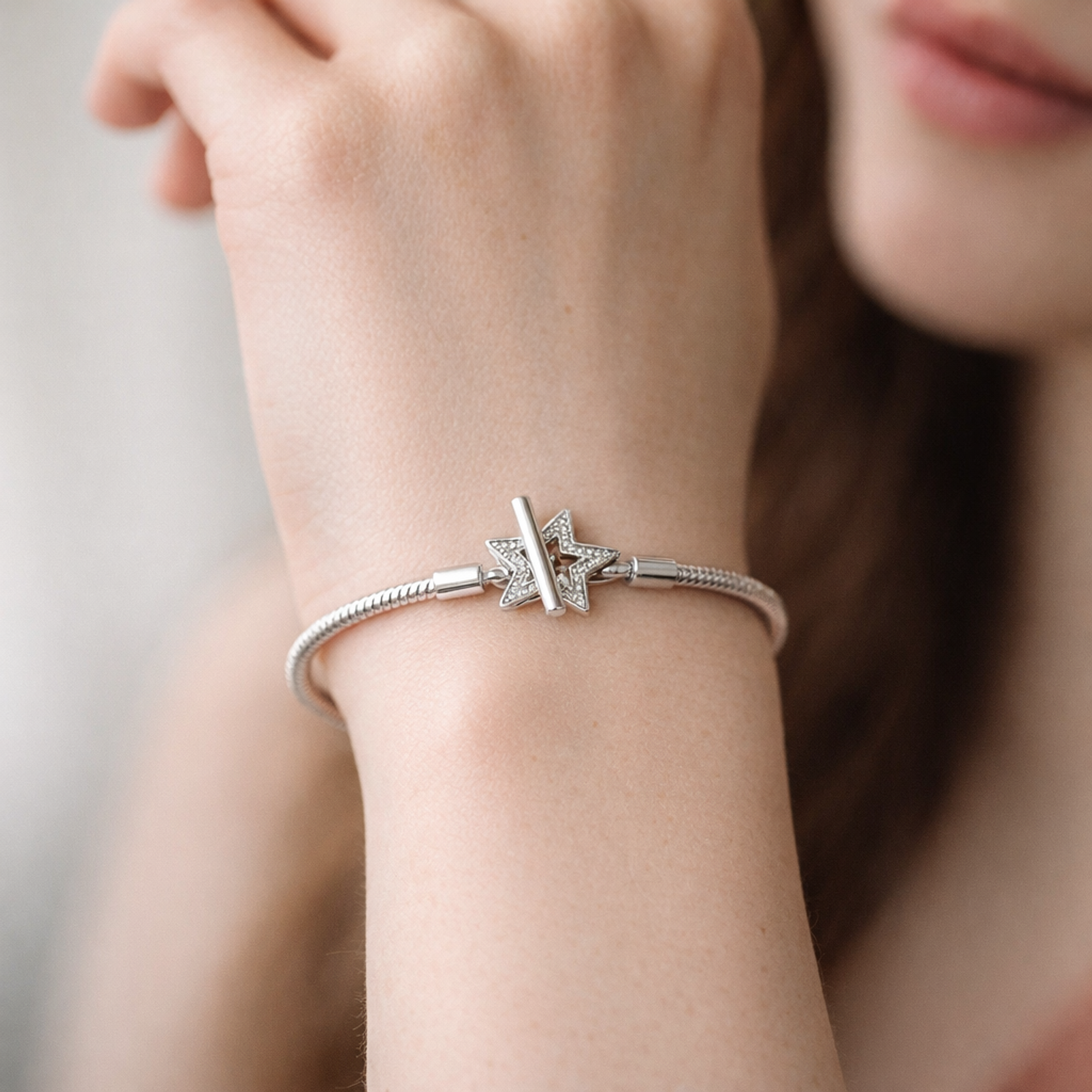 Pandora Moments Asymmetric Star T-bar Snake Chain Bracelet — worn on wrist