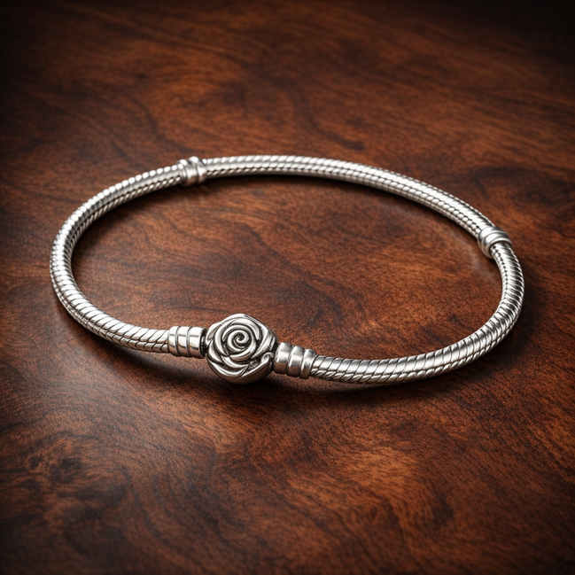 Pandora Moments Rose in Bloom Clasp Snake Chain Bracelet — display on walnut