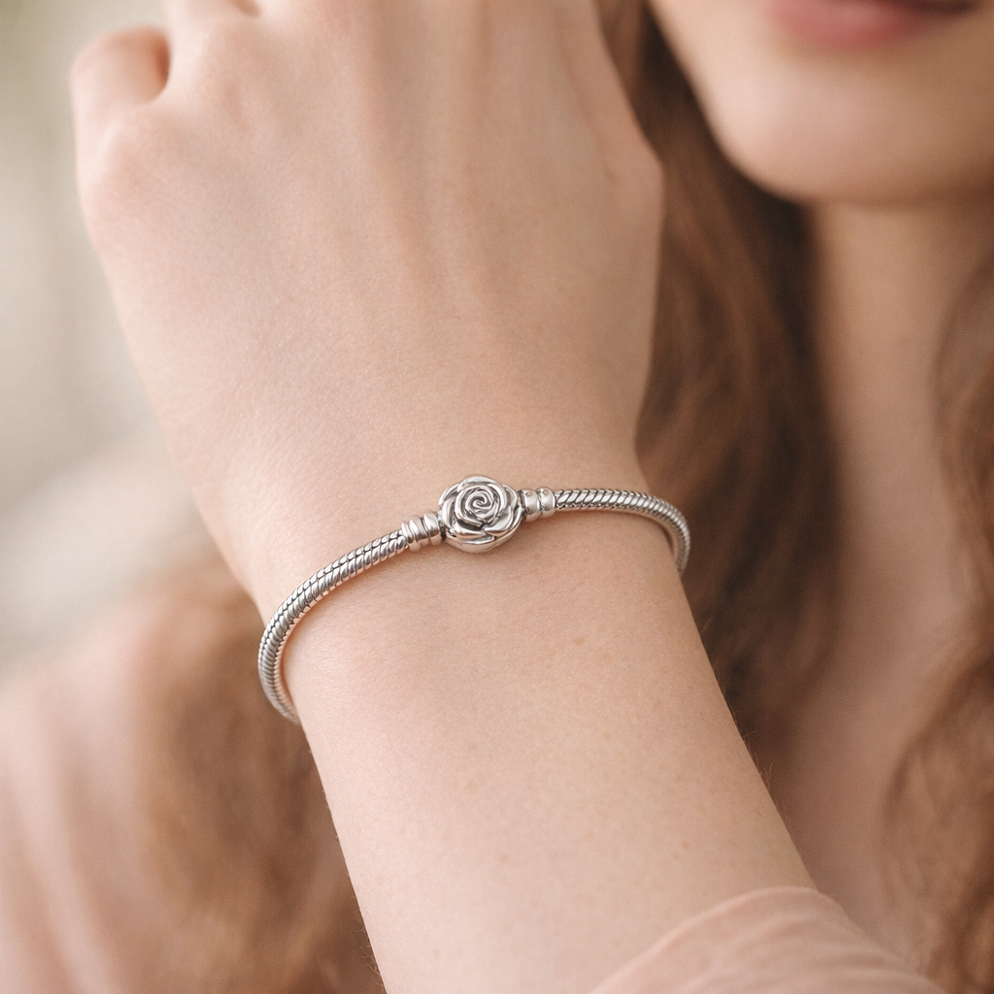 Pandora Moments Rose in Bloom Clasp Snake Chain Bracelet — worn on wrist