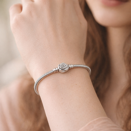 Pandora Moments Rose in Bloom Clasp Snake Chain Bracelet — worn on wrist