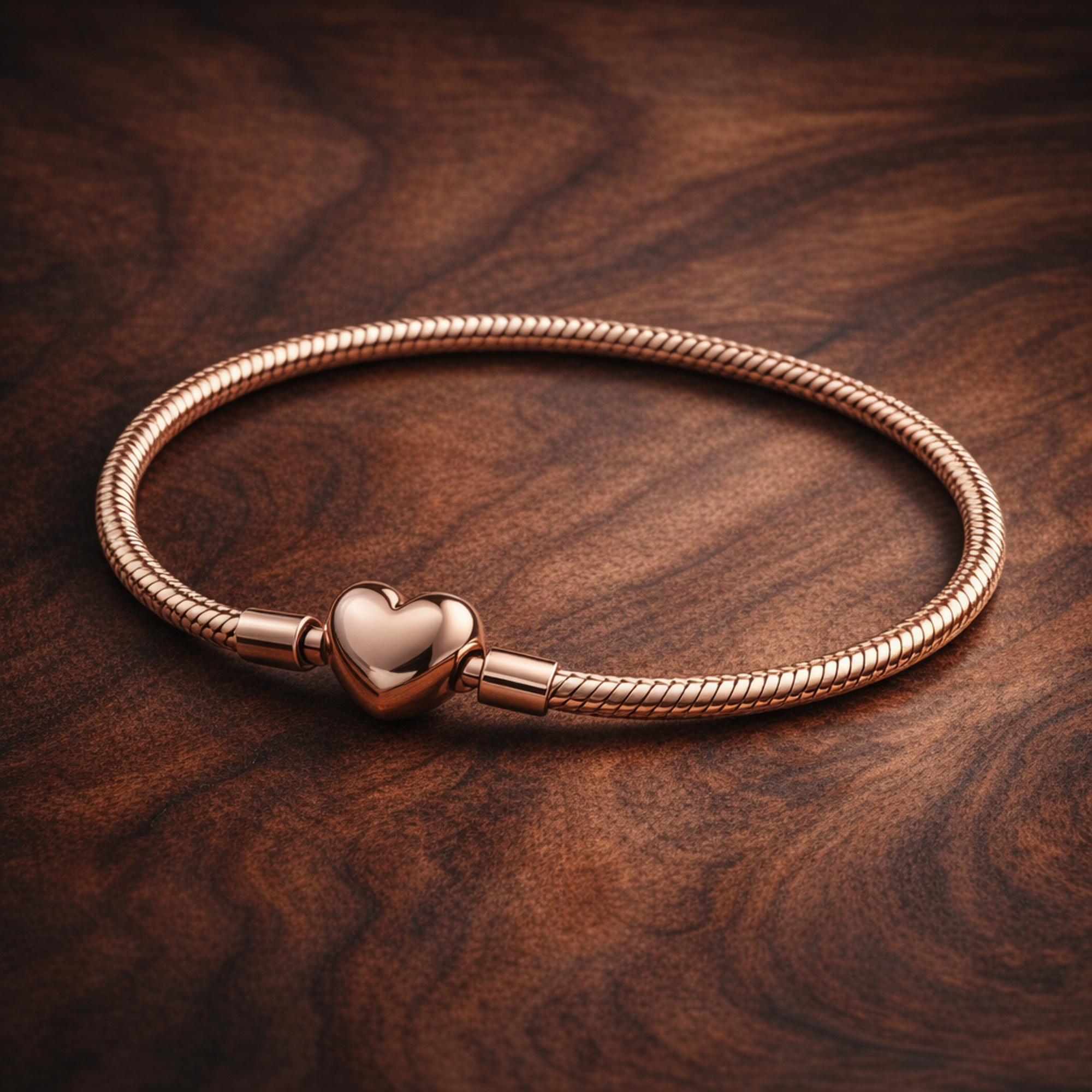 Pandora Moments Heart Clasp Snake Chain Bracelet — display on walnut