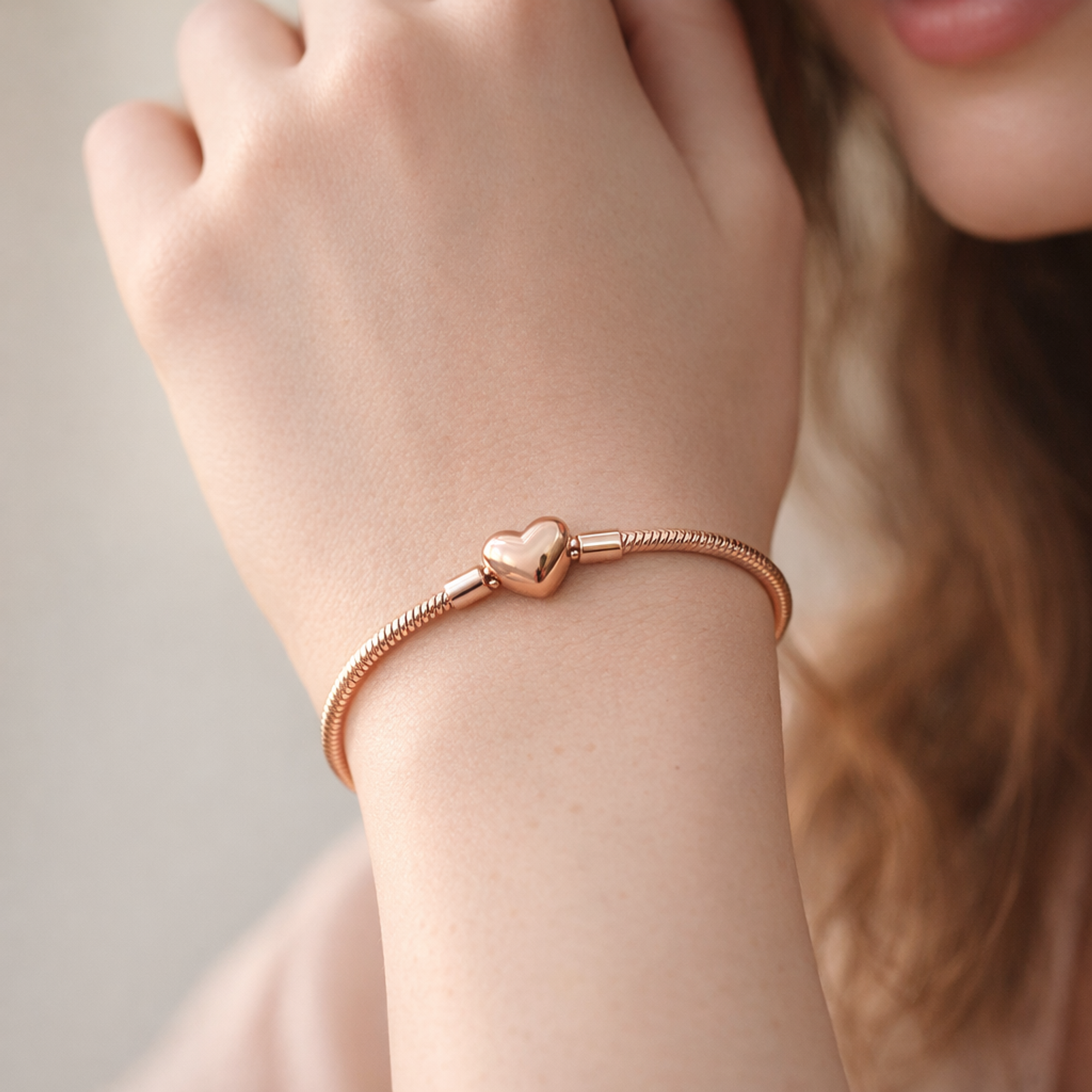 Pandora Moments Heart Clasp Snake Chain Bracelet — worn on wrist