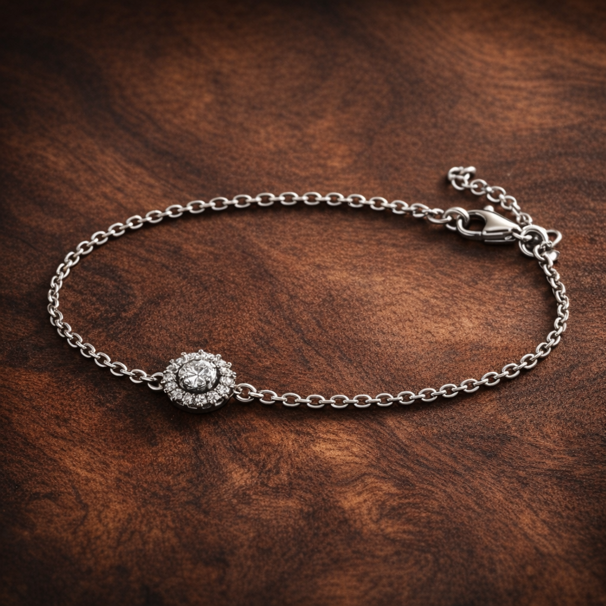 Sparkling Pear Halo Chain Bracelet — display on walnut