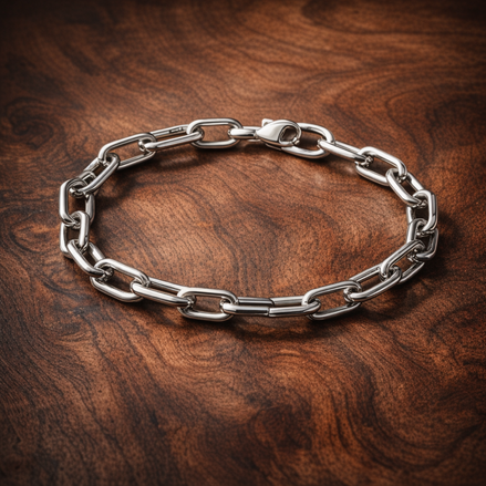Five Openable Link Chain Bracelet — display on walnut