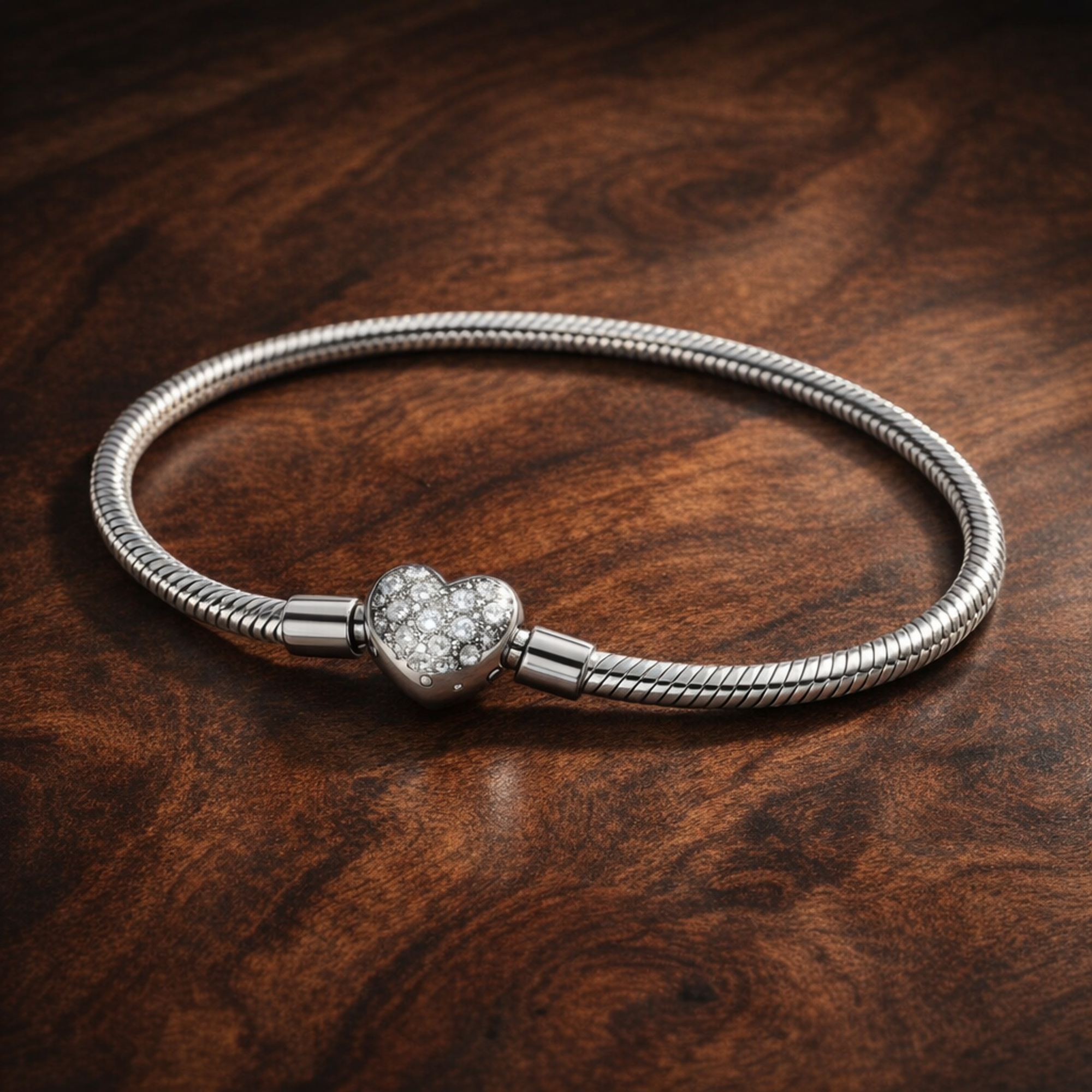 Pandora Sterling Silver Lab-grown Diamond Heart Clasp Snake Chain Bracelet — display on walnut