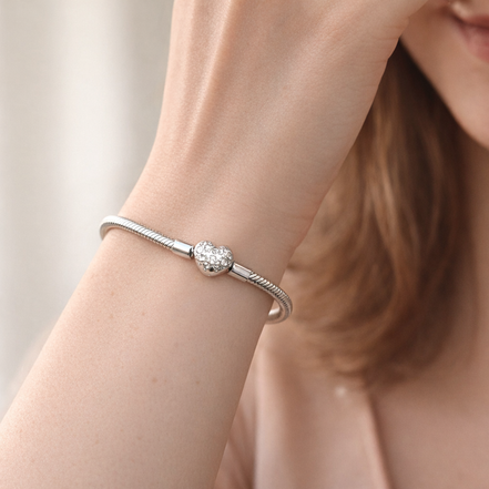 Pandora Sterling Silver Lab-grown Diamond Heart Clasp Snake Chain Bracelet — worn on wrist