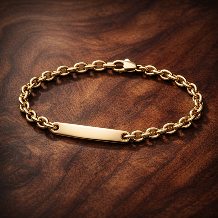 Engravable Bar Link Bracelet — display on walnut