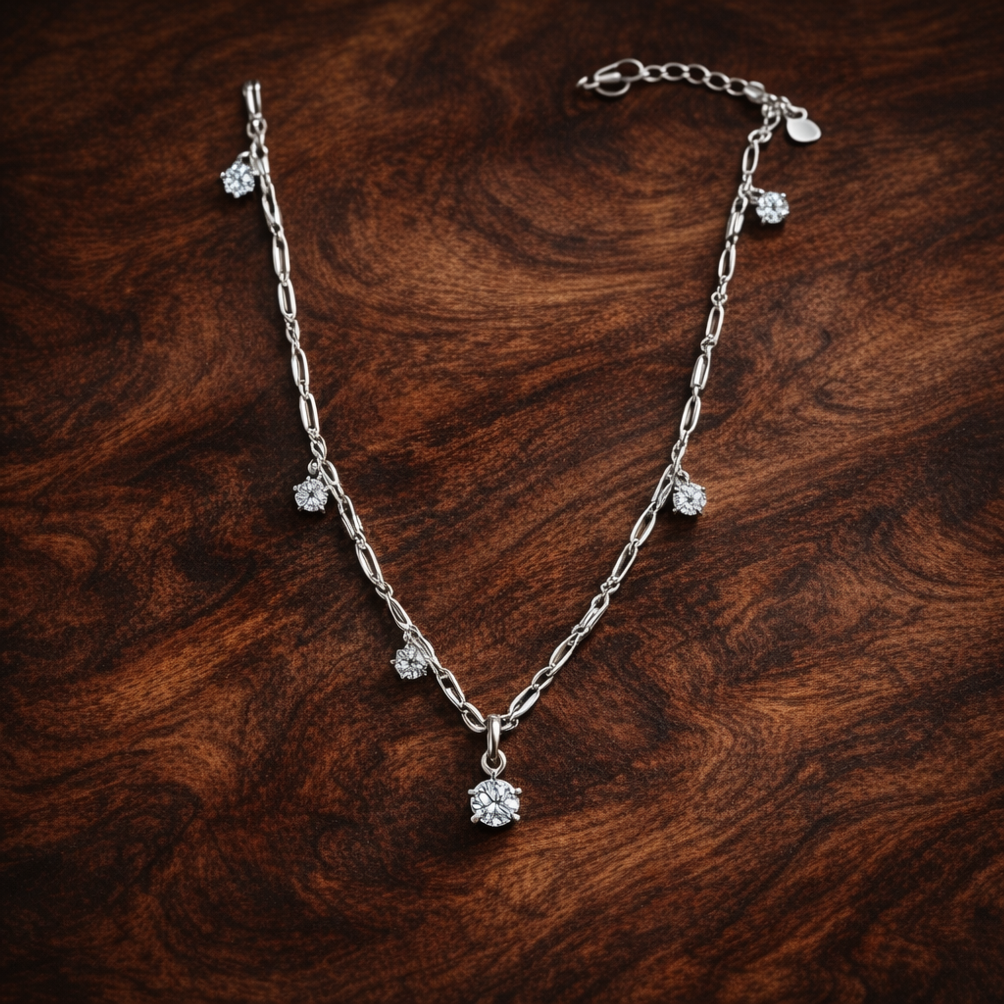 Pandora Talisman Sterling Silver Lab-Grown Diamond Dangle Symbols Paperclip Chain Necklace — display on walnut