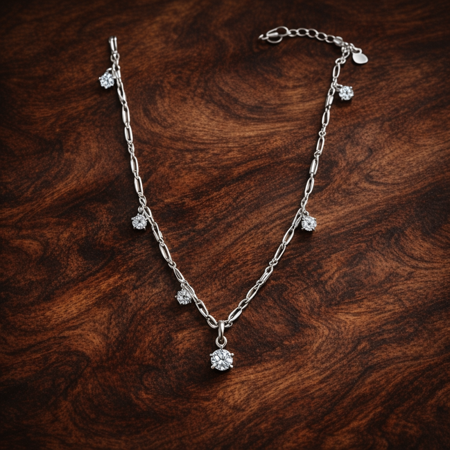 Pandora Talisman Sterling Silver Lab-Grown Diamond Dangle Symbols Paperclip Chain Necklace — display on walnut