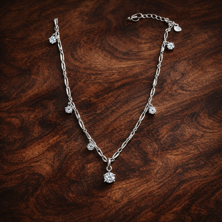 Pandora Talisman Sterling Silver Lab-Grown Diamond Dangle Symbols Paperclip Chain Necklace — display on walnut