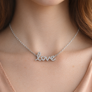 Sparkling Handwritten Love Collier Necklace — worn on neck