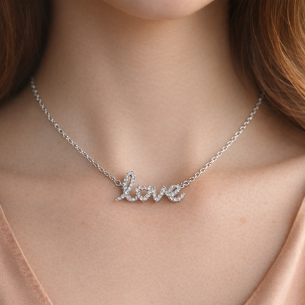 Sparkling Handwritten Love Collier Necklace — worn on neck