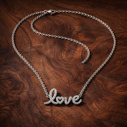 Sparkling Handwritten Love Collier Necklace — display on walnut