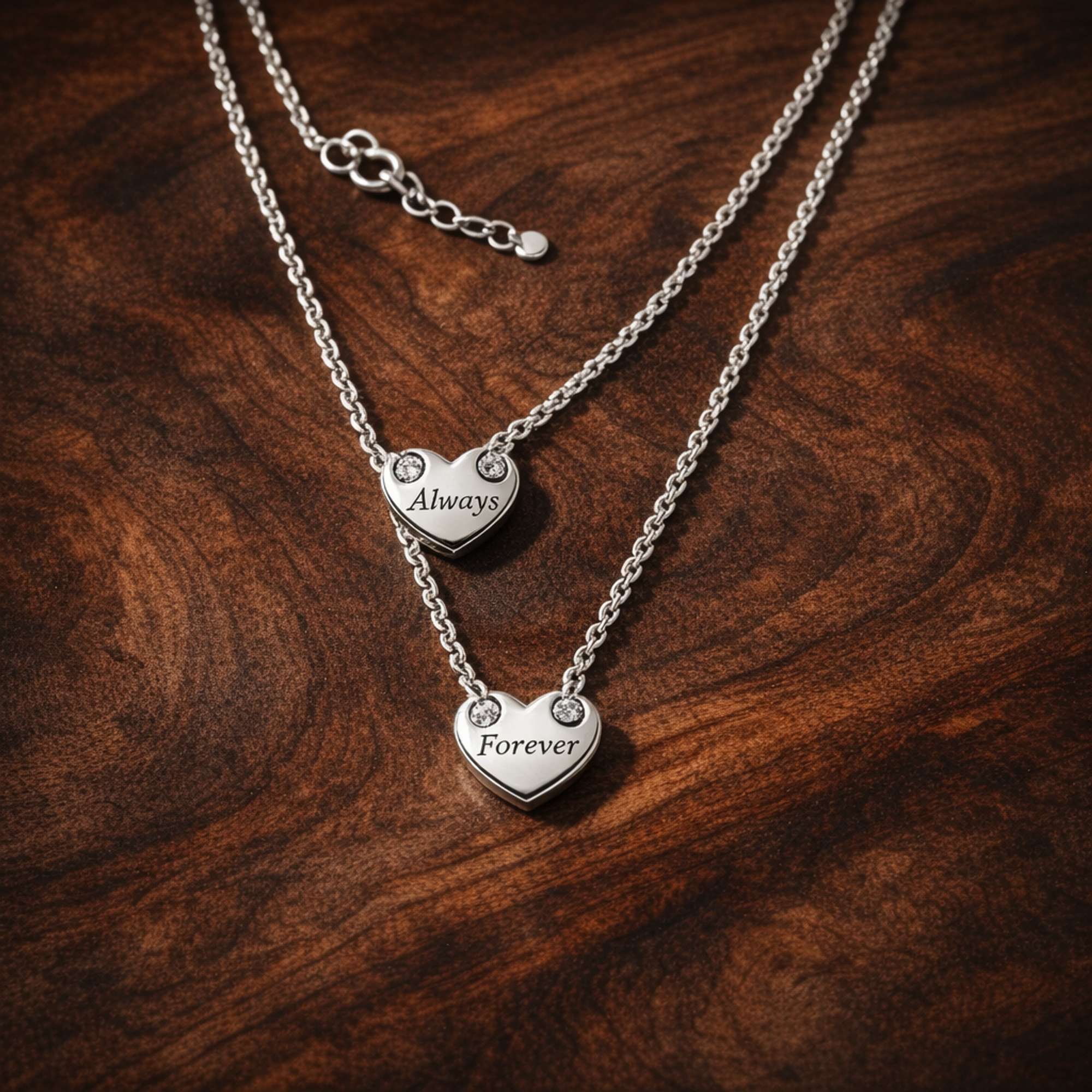 Forever & Always Splittable Heart Collier Necklaces Necklace — display on walnut