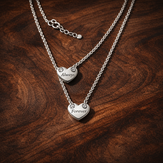 Forever & Always Splittable Heart Collier Necklaces Necklace — display on walnut