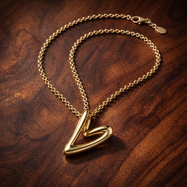 Organically Shaped Heart Pendant Necklace — display on walnut
