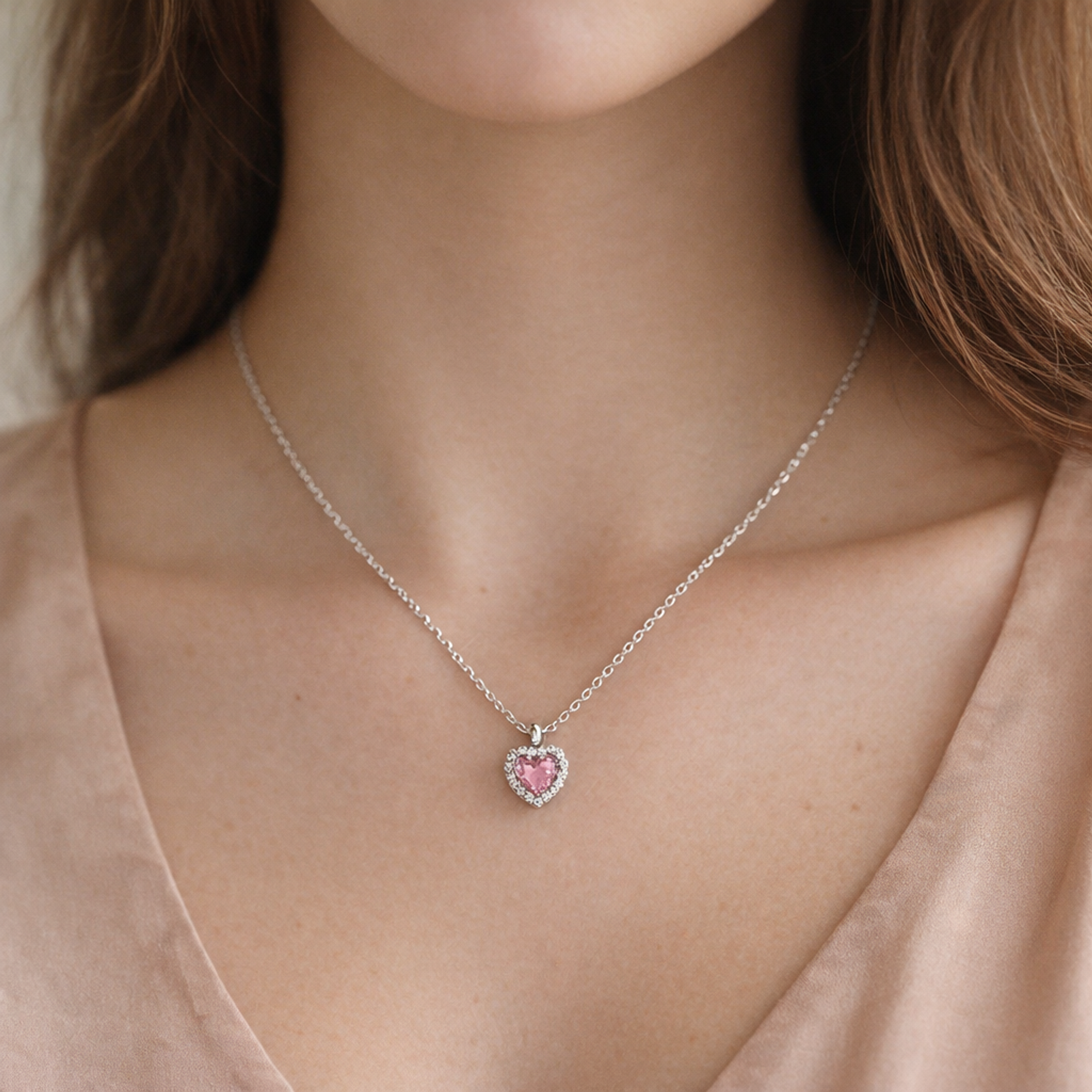 Pink Elevated Heart Necklace — worn on neck