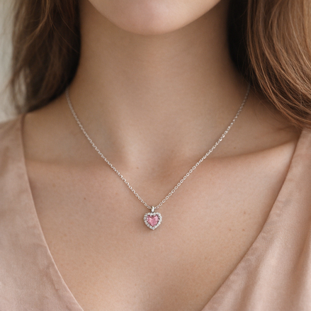 Pink Elevated Heart Necklace — worn on neck
