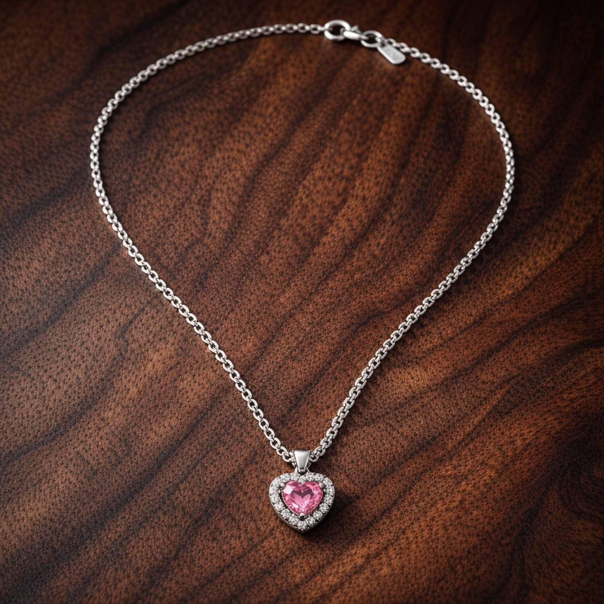 Pink Elevated Heart Necklace — display on walnut