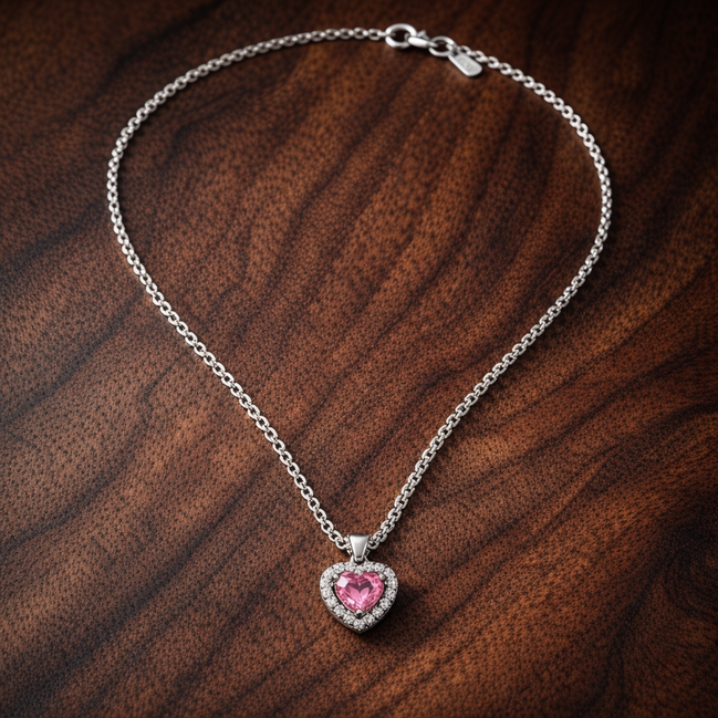 Pink Elevated Heart Necklace — display on walnut