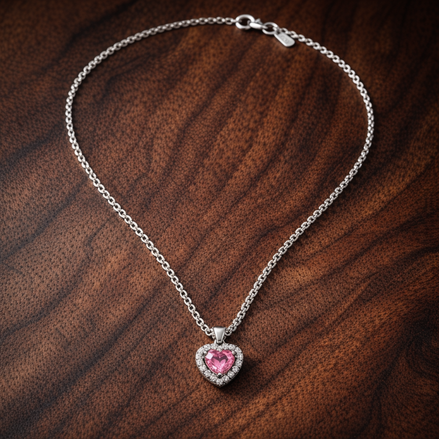 Pink Elevated Heart Necklace — display on walnut