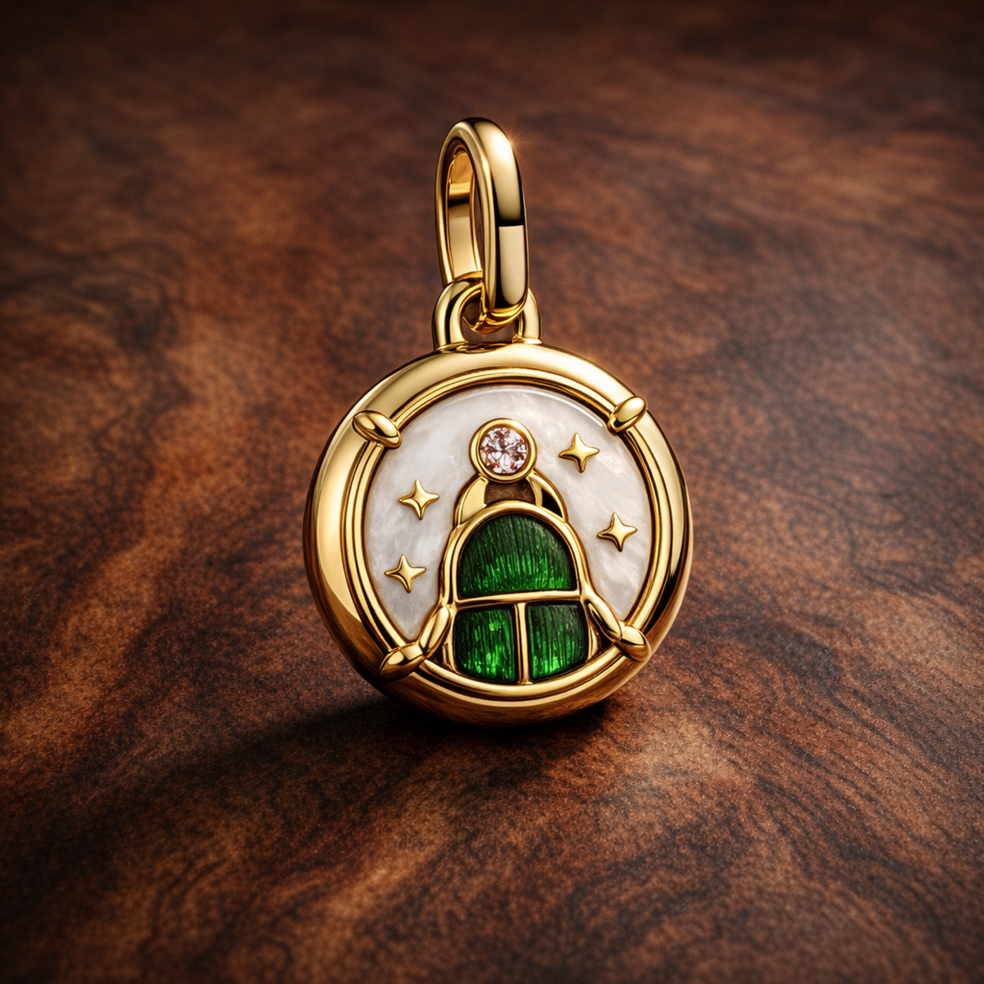 Scarab Beetle Medallion Charm — display on walnut