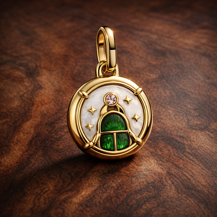 Scarab Beetle Medallion Charm — display on walnut