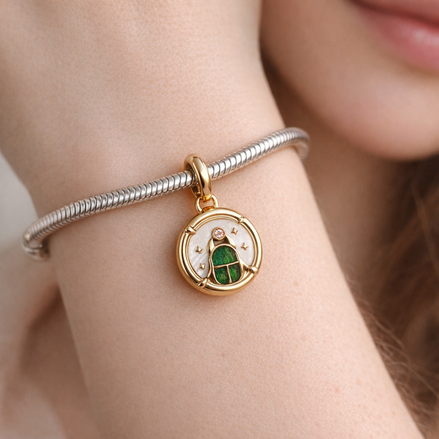 Scarab Beetle Medallion Charm — worn on wrist