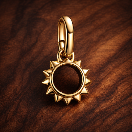 Pandora ME Treated Freshwater Cultured Pearl Sun Mini Dangle Charm — display on walnut