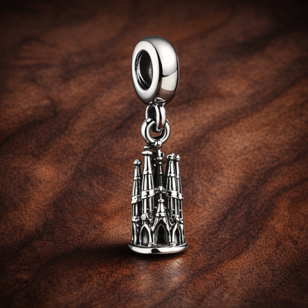 Cathedral Engraved Detail - Sterling Silver Cathedral Dangle Charm With Engraved Detail — display on walnut
