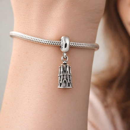 Cathedral Engraved Detail - Sterling Silver Cathedral Dangle Charm With Engraved Detail — worn on wrist