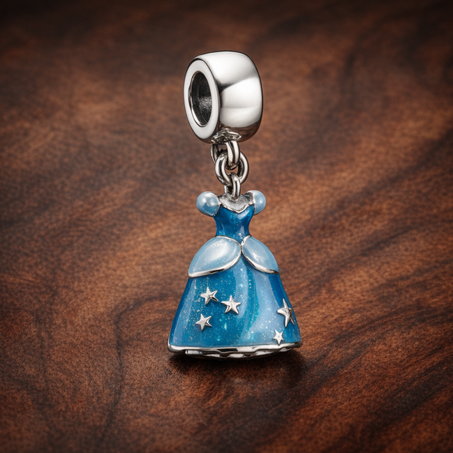 Blue Princess Dress Charm - Blue Storybook Princess Dress Charm — display on walnut