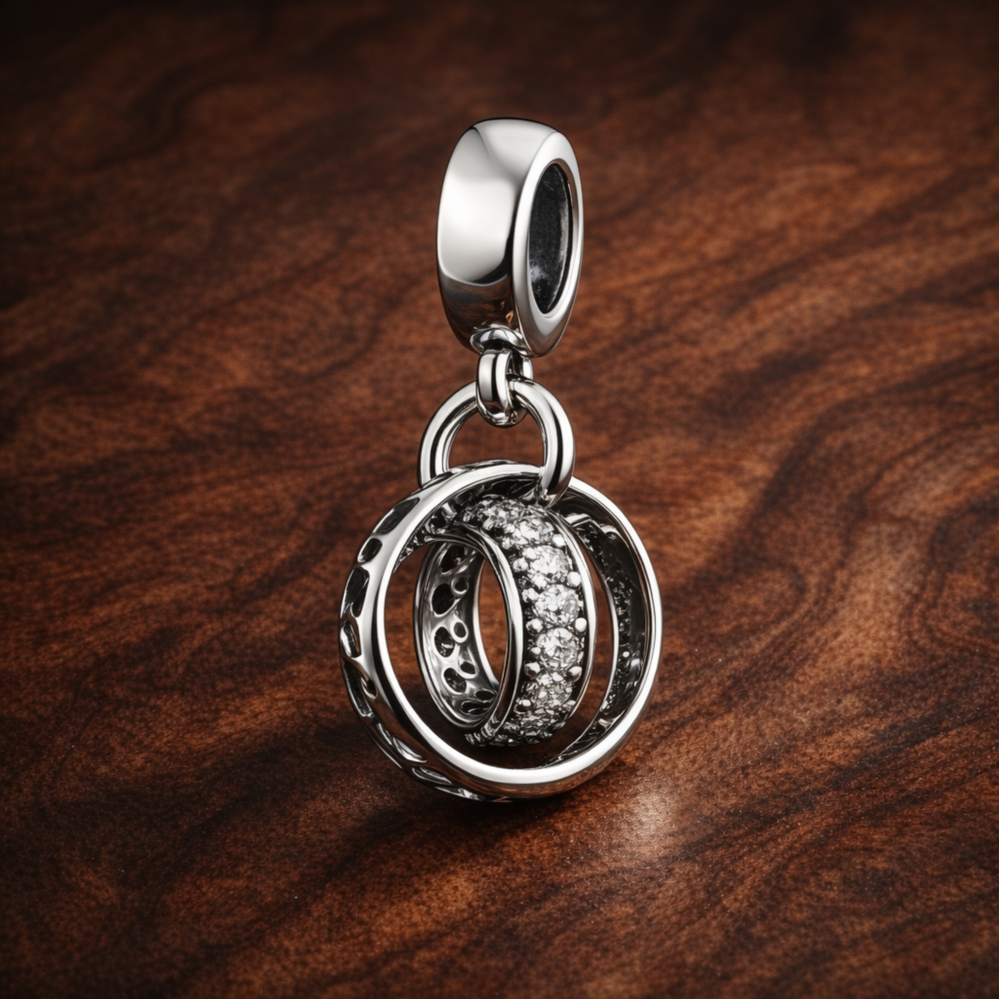 Interlocking Rings - Sterling Silver Interlocking Rings Dangle Charm With Sparkling Stones — display on walnut