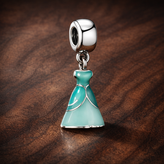Aqua Princess Dress Charm - Aqua Storybook Princess Dress Charm — display on walnut