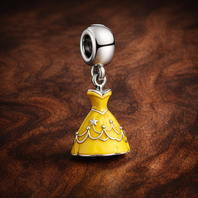 Yellow Princess Dress Charm - Yellow Storybook Princess Dress Charm — display on walnut