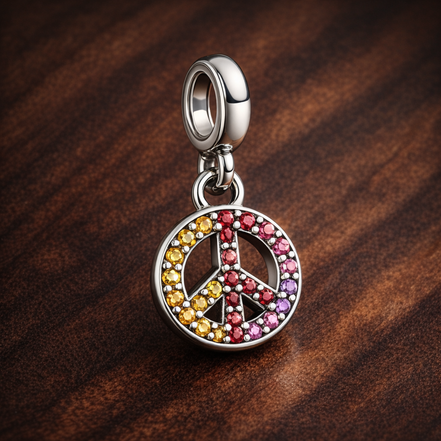 Pink Mosaic Peace Pendant - Pink Peace Sign Mosaic Charm — display on walnut