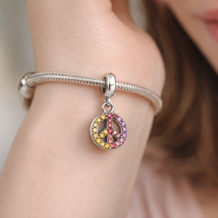 Pink Mosaic Peace Pendant - Pink Peace Sign Mosaic Charm — worn on wrist