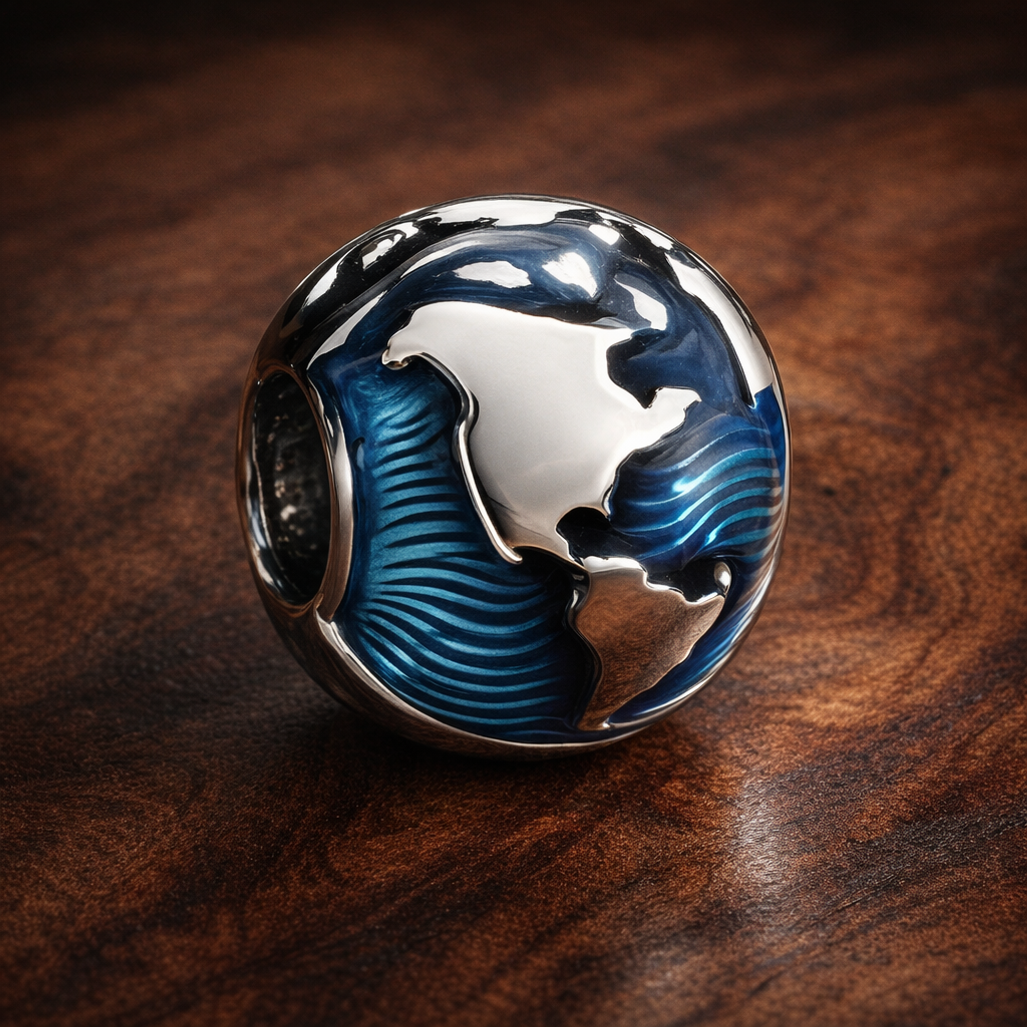Blue Globe Clip Charm — display on walnut