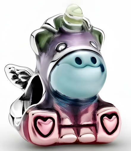 Sterling Silver Colorful Enamel Unicorn Charm with Heart Details