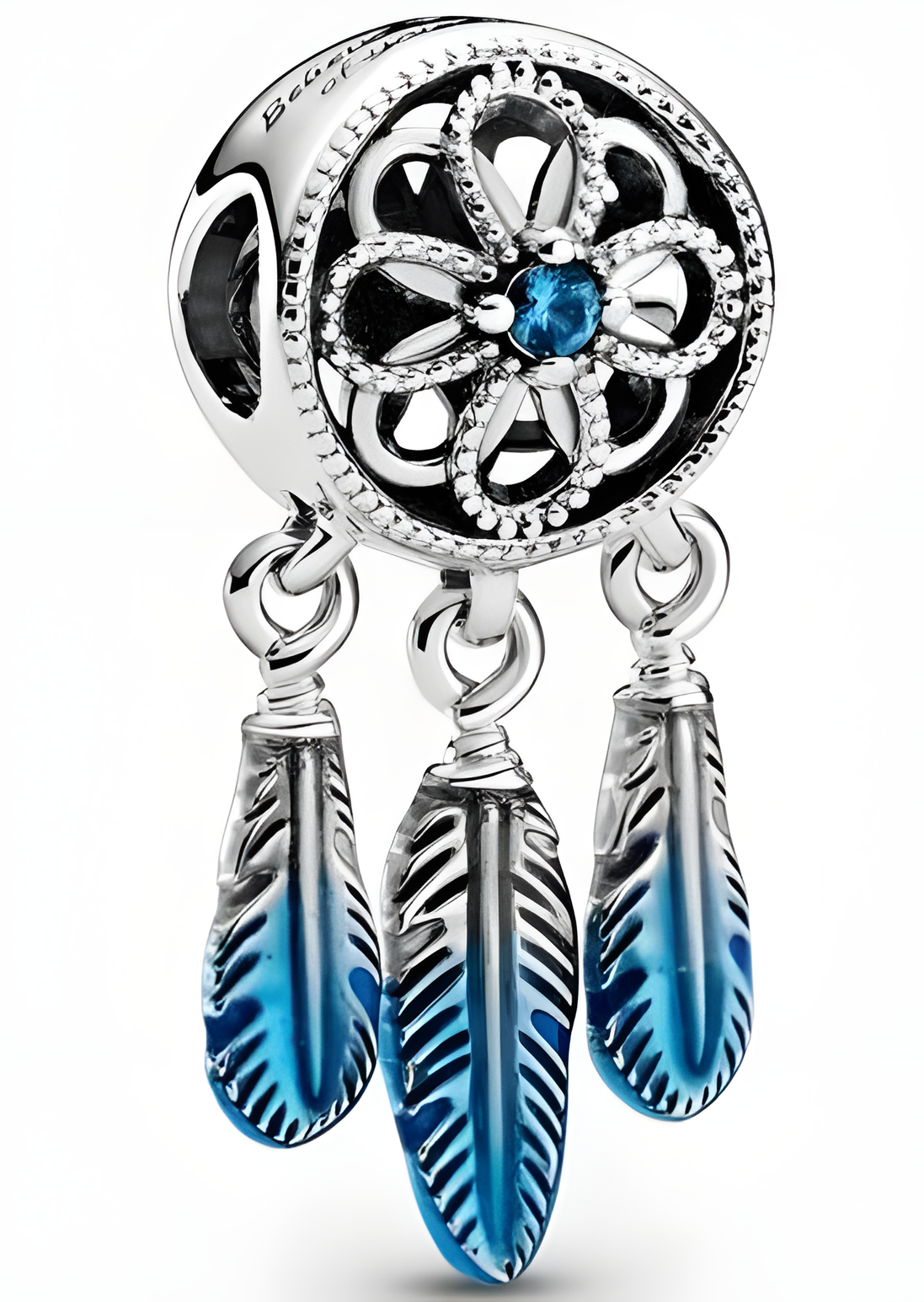 Sterling Silver Dreamcatcher Charm with Blue Enamel Feathers and Stone