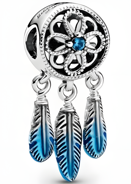 Sterling Silver Dreamcatcher Charm with Blue Enamel Feathers and Stone