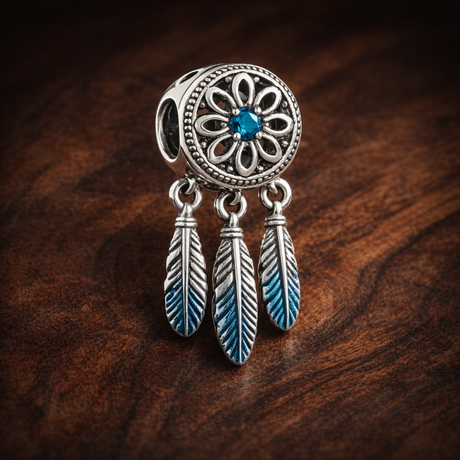 Blue Dreamcatcher Charm - Blue Feather Dreamcatcher Charm — display on walnut