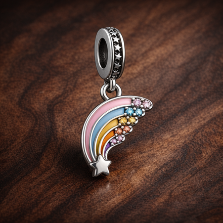 Pastel Rainbow Dangle - Pastel Rainbow Cloud Charm — display on walnut